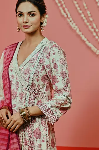 Off white printed cotton ethnic anarkali set