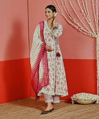 Off white printed cotton ethnic anarkali set 5