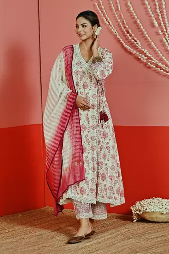 Off white printed cotton ethnic anarkali set