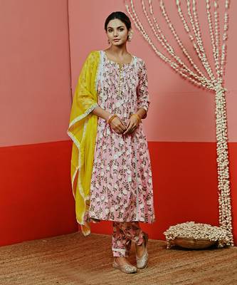 Peach printed cotton kurta set 1