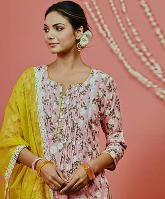 Peach printed cotton kurta set 2