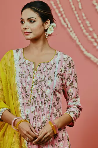 Peach printed cotton kurta set