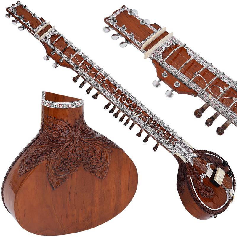 Sitar Ravi Shankar Style With Fiber Case, 7 Main, 13 Sympathetic Strings, Extra Strings, Mizrabs, Pick-Up