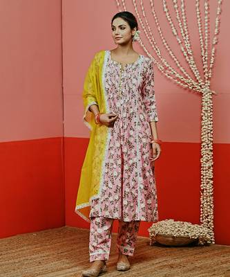 Peach printed cotton kurta set 3