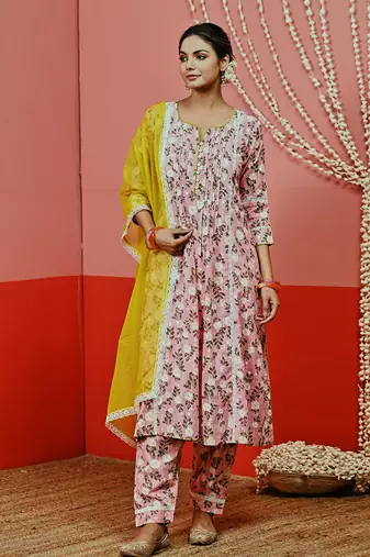 Peach printed cotton kurta set