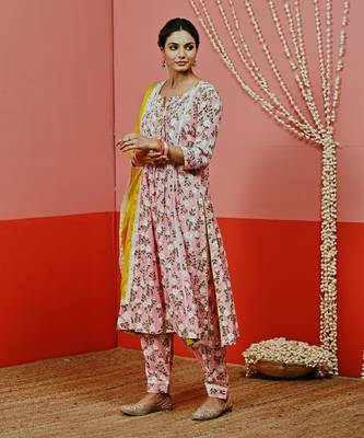 Peach printed cotton kurta set 4