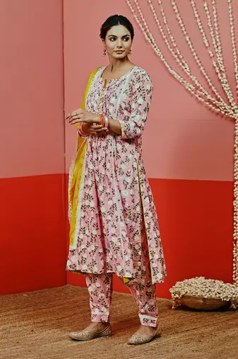 Peach printed cotton kurta set