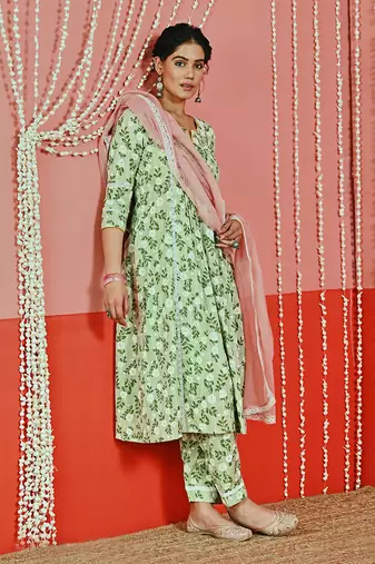 Mint printed cotton kurta set