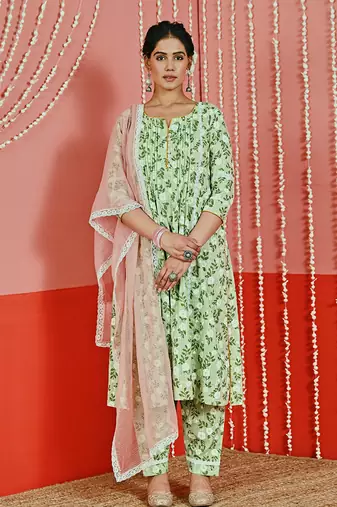 Mint printed cotton kurta set