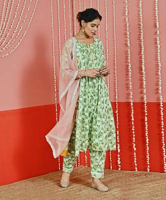 Mint printed cotton kurta set 4