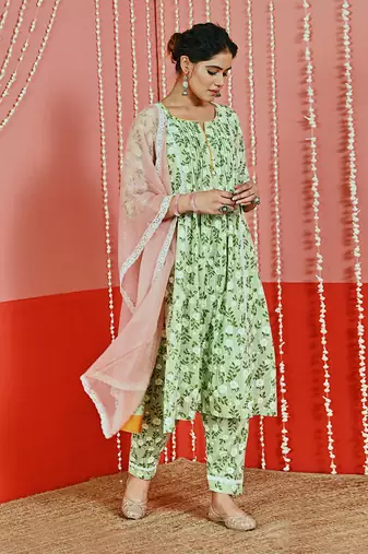 Mint printed cotton kurta set