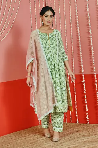 Mint printed cotton kurta set