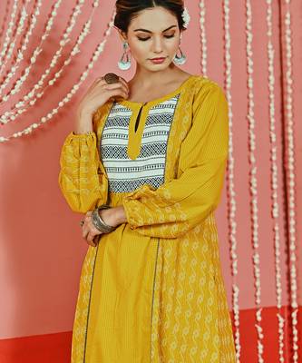 Yellow kantha cotton kurta set 3