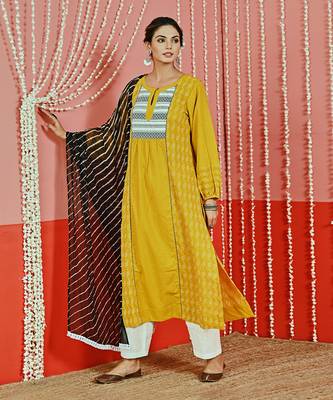 Yellow kantha cotton kurta set 4
