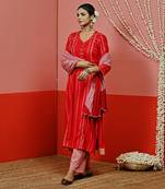 Red a line woven cotton kurta set