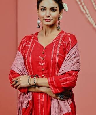 Red a line woven cotton kurta set 4