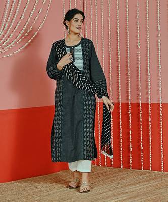 Black kantha cotton kurta set 1