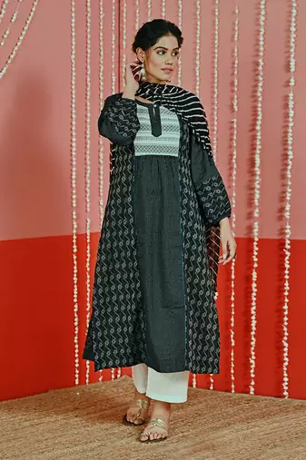 Black kantha cotton kurta set