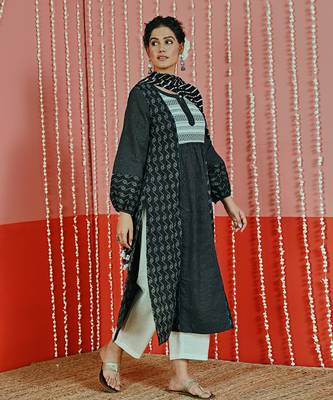 Black kantha cotton kurta set 3