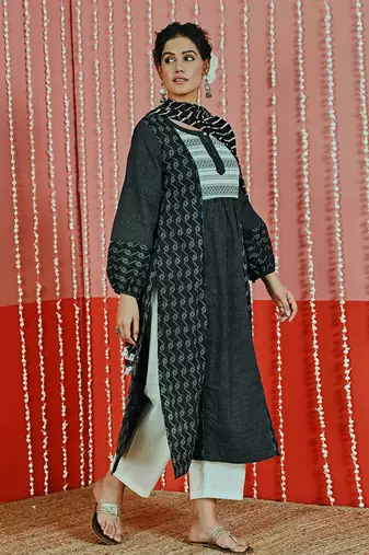 Black kantha cotton kurta set
