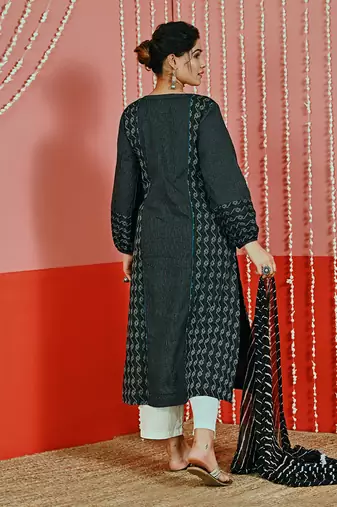 Black kantha cotton kurta set