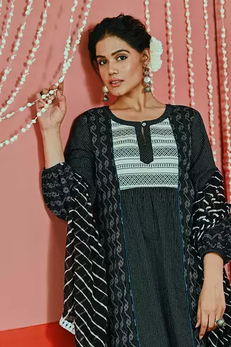 Black kantha cotton kurta set