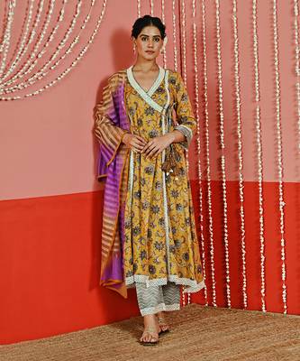 Mustard yellow printed cotton ethnic anarkali set 1
