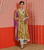 Mustard yellow printed cotton ethnic anarkali set