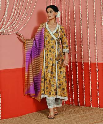 Mustard yellow printed cotton ethnic anarkali set 2