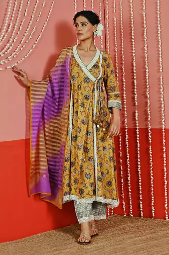 Mustard yellow printed cotton ethnic anarkali set