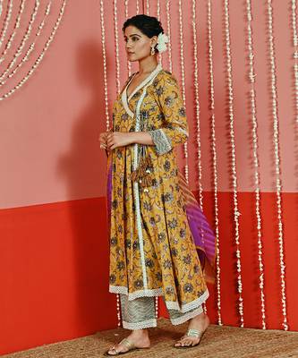 Mustard yellow printed cotton ethnic anarkali set 3