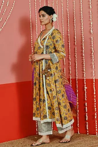Mustard yellow printed cotton ethnic anarkali set