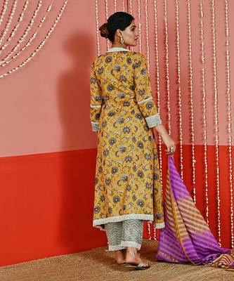 Mustard yellow printed cotton ethnic anarkali set 4