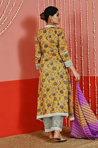 Mustard yellow printed cotton ethnic anarkali set