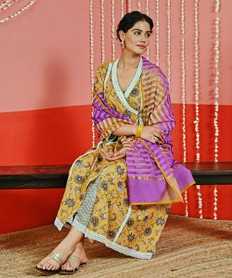 Mustard yellow printed cotton ethnic anarkali set 5