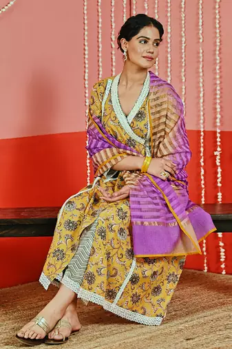 Mustard yellow printed cotton ethnic anarkali set
