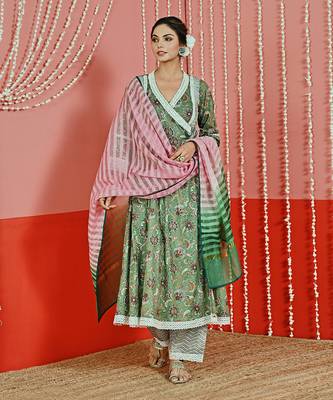 Green printed cotton ethnic anarkali set 1