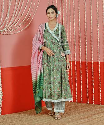 Green printed cotton ethnic anarkali set 2