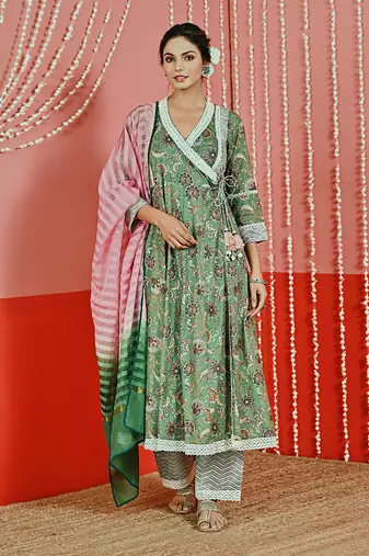 Green printed cotton ethnic anarkali set