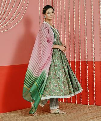 Green printed cotton ethnic anarkali set 3