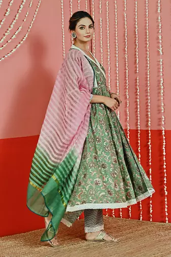 Green printed cotton ethnic anarkali set