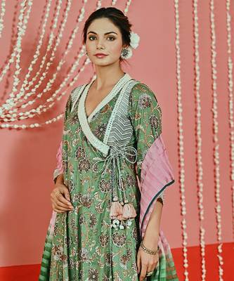 Green printed cotton ethnic anarkali set 4