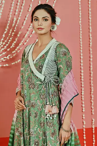 Green printed cotton ethnic anarkali set