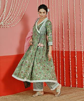 Green printed cotton ethnic anarkali set 5
