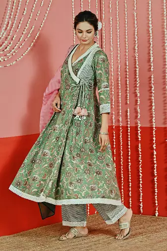 Green printed cotton ethnic anarkali set