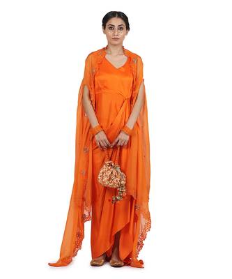 Orange Harnoor:Draped Dress With Cape 1