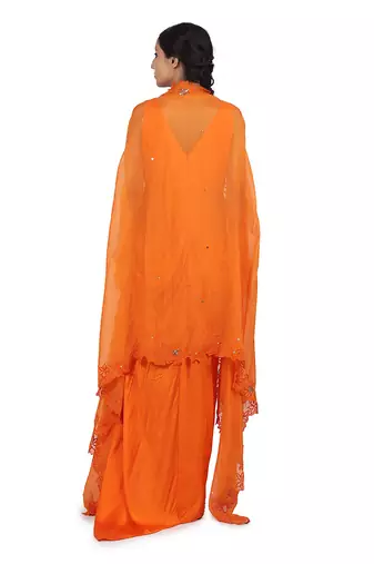Orange Harnoor:Draped Dress With Cape