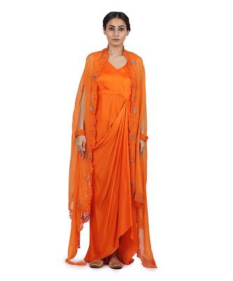 Orange Harnoor:Draped Dress With Cape 3