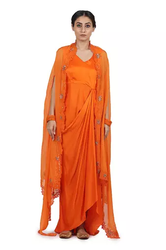 Orange Harnoor:Draped Dress With Cape