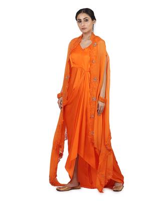 Orange Harnoor:Draped Dress With Cape 4
